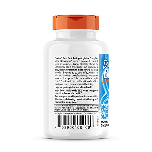 Doctor's Best Fast Acting Arginine Complex w/Nitrosigine, Boost Nitric Oxide, Blood Flow & Vessel Flexibility, Non-GMO, Vegan, Gluten Free, 750mg, White (DRB-00406), Tablet, 60 count