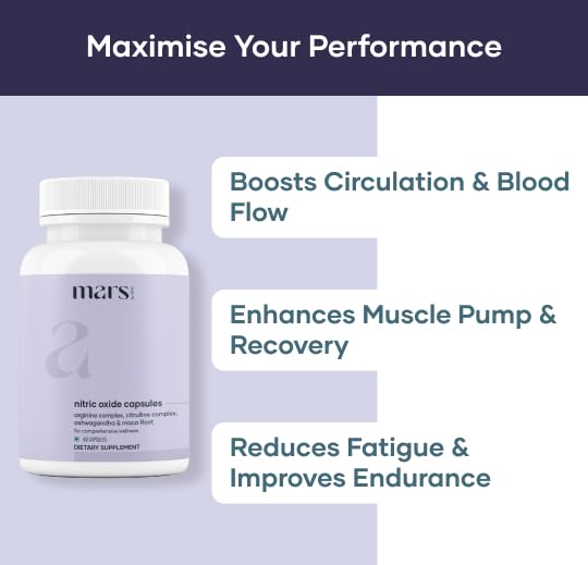 Mars Nitric Oxide Booster Capsules | Powered with L-Arginine, L-Citrulline & Adaptogens | Enhances Blood Flow, Endurance & Muscle Recovery | 60 Capsules - Pack of 1