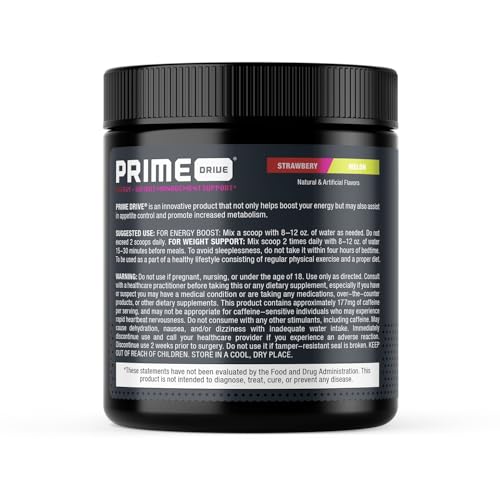 Prime Drive Energy Strawberry Melon Pre Workout Energy Drink Powder, Provides Extreme Energy, Focus and Intensity, Boosts Metabolism 10.2oz (30 Servings)