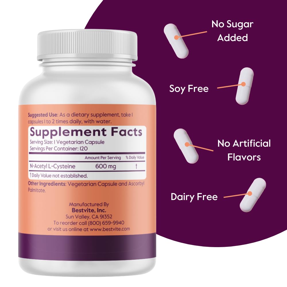 BESTVITE N-Acetyl L-Cysteine (NAC) 600mg Per Capsule (120 Vegetarian Capsules) - No Stearates - Vegan - No Fillers - No Silica - No Gelatin - Gluten Free - Non GMO
