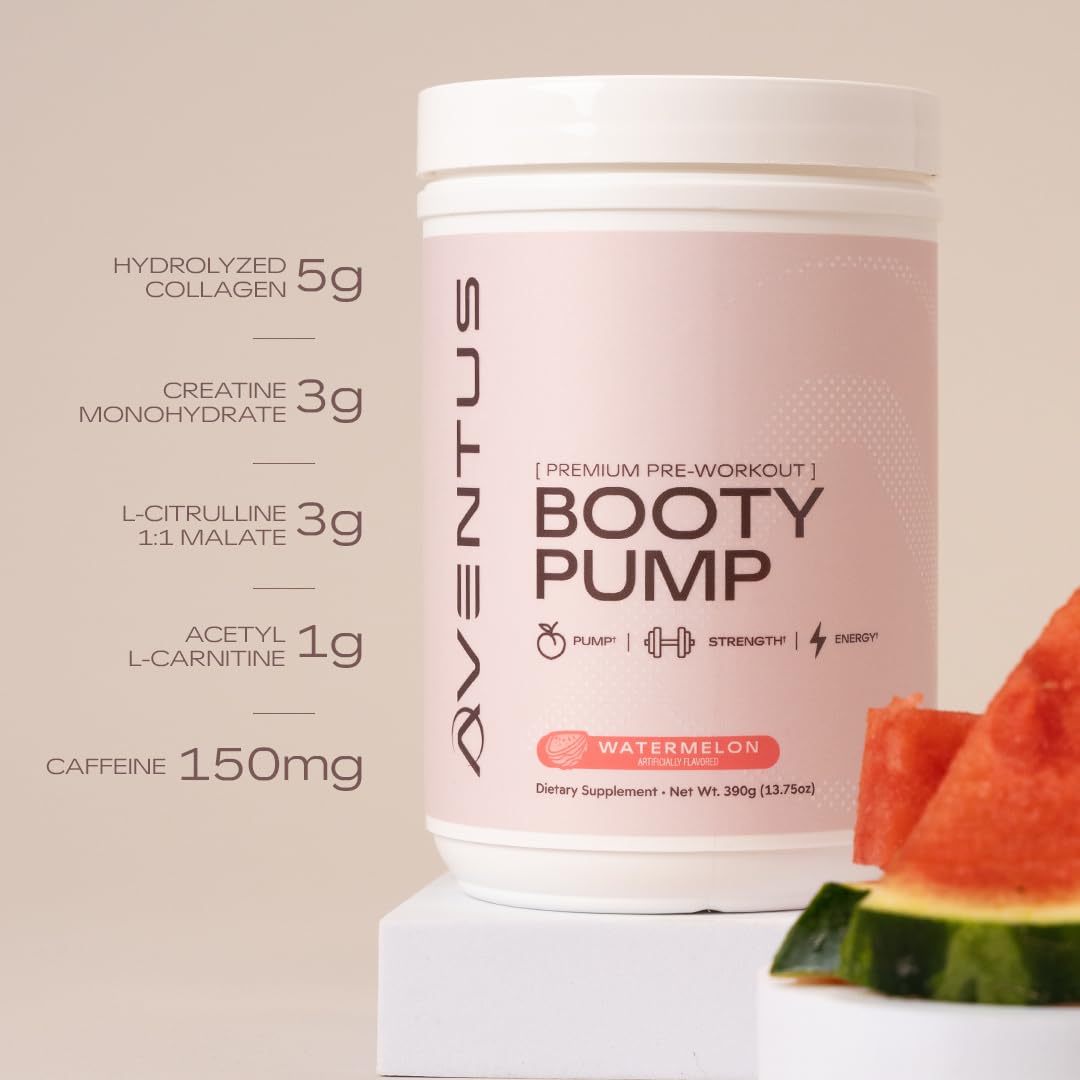Aventus Booty Pump Pre-Workout Powder | Pump, Strength and Energy with Collagen, Creatine, Caffeine and More, 30 Servings (30 servinga, Watermelon)