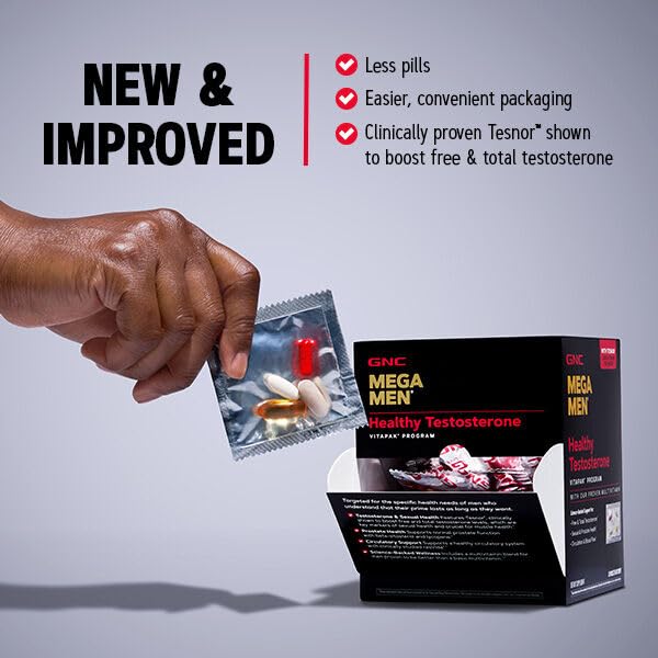 GNC Mega Men Healthy Testosterone Program, Complete Nutrition 4 Products in 1, Boost Free and Total Testosterone, Blood Flow, 30 Daily Packs