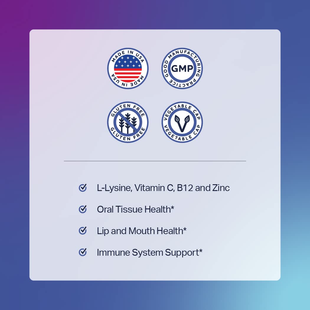 Anew Vita L-Lysine Supplement with Vitamin B12 + C + Zinc for Lip, Mouth, and Oral Tissue Health - Enhanced Wellness Support - Non-GMO, Gluten-Free - Made in USA - 60 Vegetable Capsules, 500mg