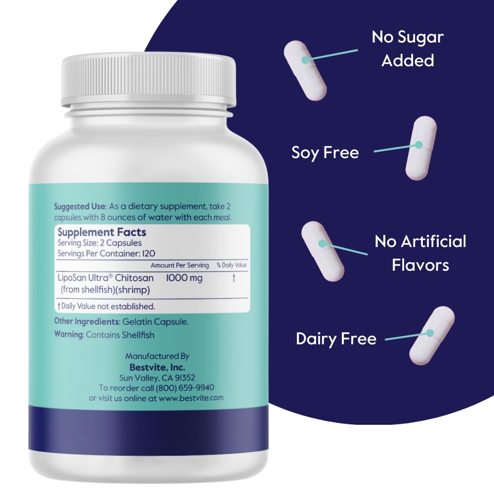 BESTVITE Liposan Ultra Chitosan 500mg (480 Capsules) (240 x 2) - Patented Faster Acting Than Regular Chitosan - No Stearates - No Fillers