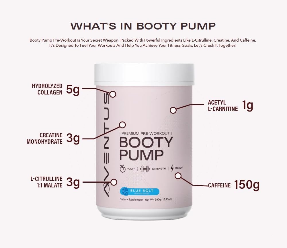 Aventus Booty Pump Pre-Workout Powder | Pump, Strength and Energy with Collagen, Creatine, Caffeine and More, 30 Servings (30 servinga, Watermelon)