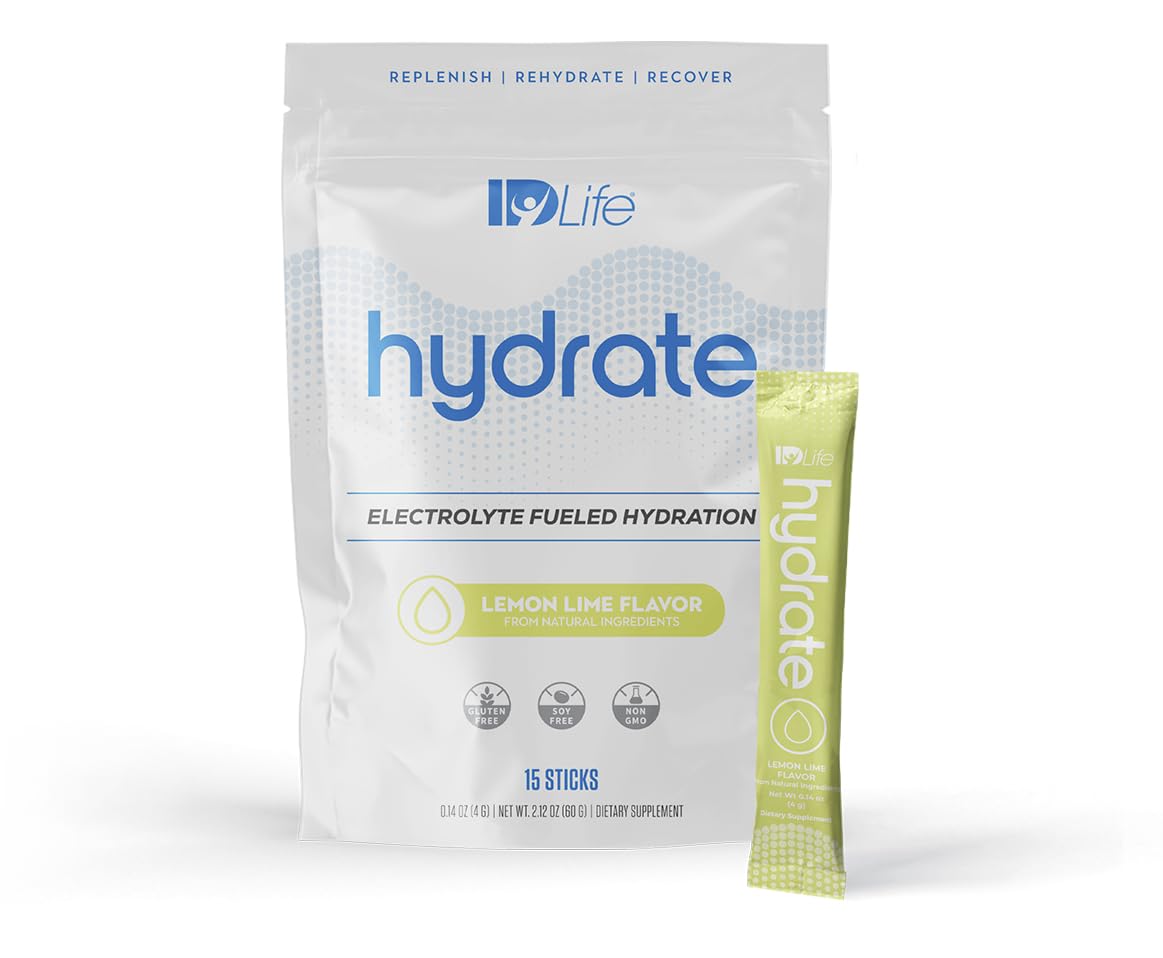 IDLife Lemon Lime Hydrate Drink Powder - Instant Electrolyte Fueled Hydration with Vitamins, MCTs & Minerals for Vital Nutrients - 15 Sticks per Bag