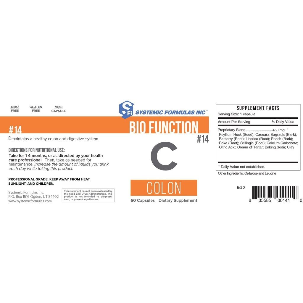 Systemic Formulas Bio Function C Colon - #14, 60 Capsules. Liver and Colon Support Colon Care. Mildly Laxative, for Temporary weak Bowel Function. Healthy Liver Pills detoxify Liver