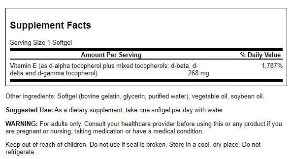 Swanson Vitamin E Mixed Tocopherols 400 Iu (268 Milligrams) 250 Sgels