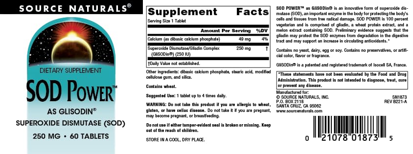 Source Naturals SOD Power As Glisodin Superoxide Dismutase Nutricosmetic Supplement 250mg - 60 Tablets