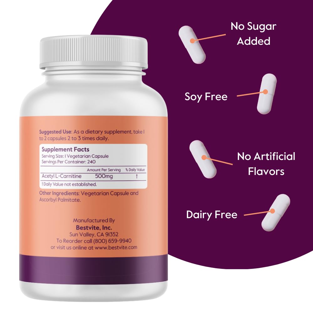 BESTVITE Acetyl L-Carnitine 500mg (480 Vegetarian Capsules) (240 x 2) - No Stearates - Vegan - Non GMO - Gluten Free