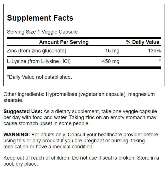 Swanson Zinc Gluconate '&' L-Lysine - 2-in-1 Formula 90 Veg Caps 2 Pack