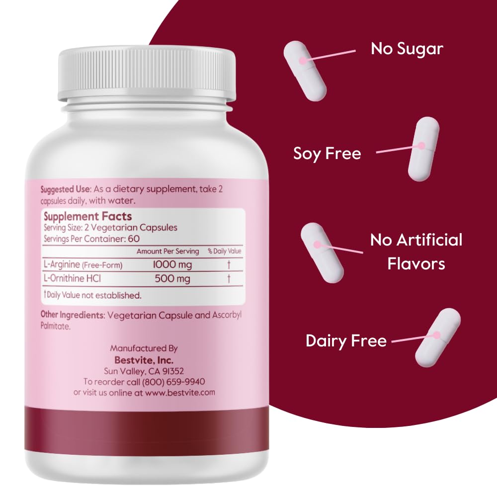 BESTVITE L-Arginine L-Ornithine 500-250 (120 Vegetarian Capsules) - No Stearates - No Fillers - Vegan - Non GMO - Gluten Free - No Calcium Silicate