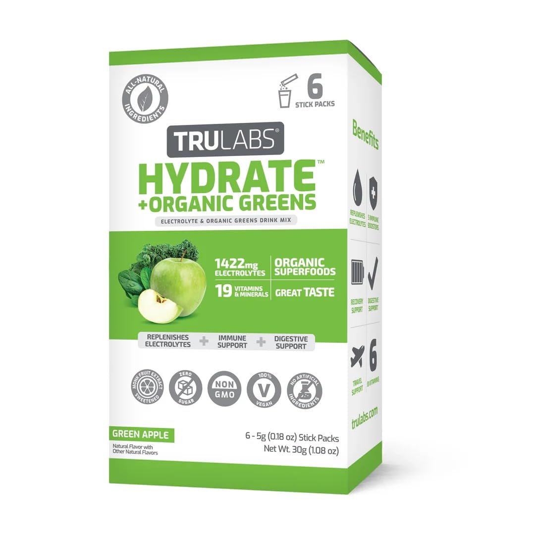 TRULABS Hydrate + Organic Greens 6ct. Sugar Free Electrolytes Hydration Packets. Each Serving Contains 1422 mg of Electrolytes &19 Vitamins & Minerals & 4 Organic Greens.
