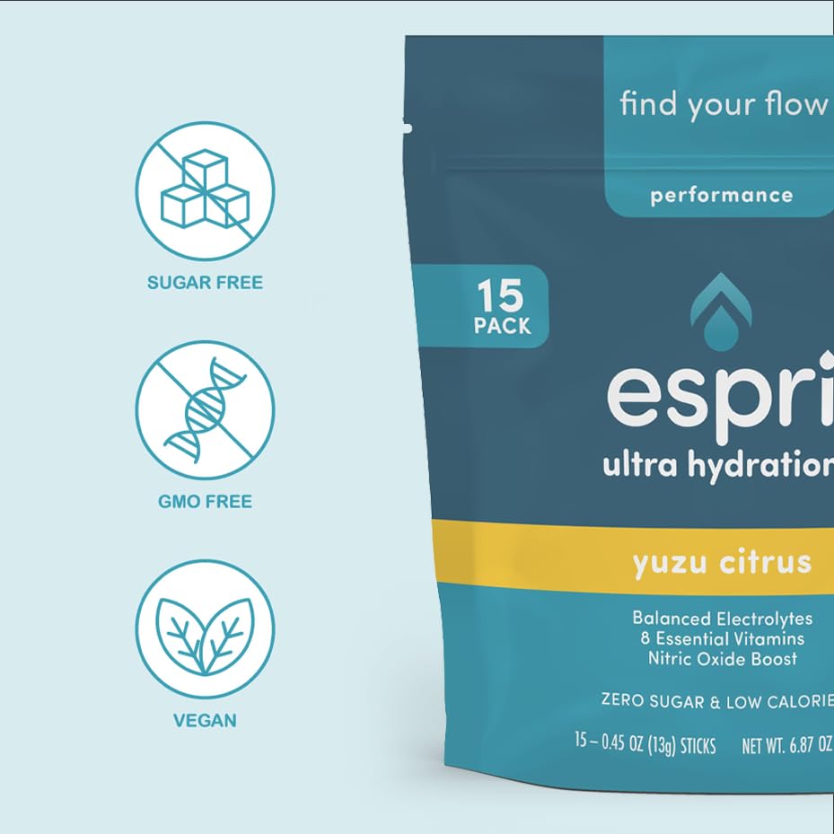 ESPRI Zero Sugar Electrolyte Drink Mix, Yuzu Citrus, Hydration Packets, Nitric Oxide Boost, Low Calories, Magnesium Citrate Prevents Muscle Cramps and Improves Recovery, 15 Day Supply