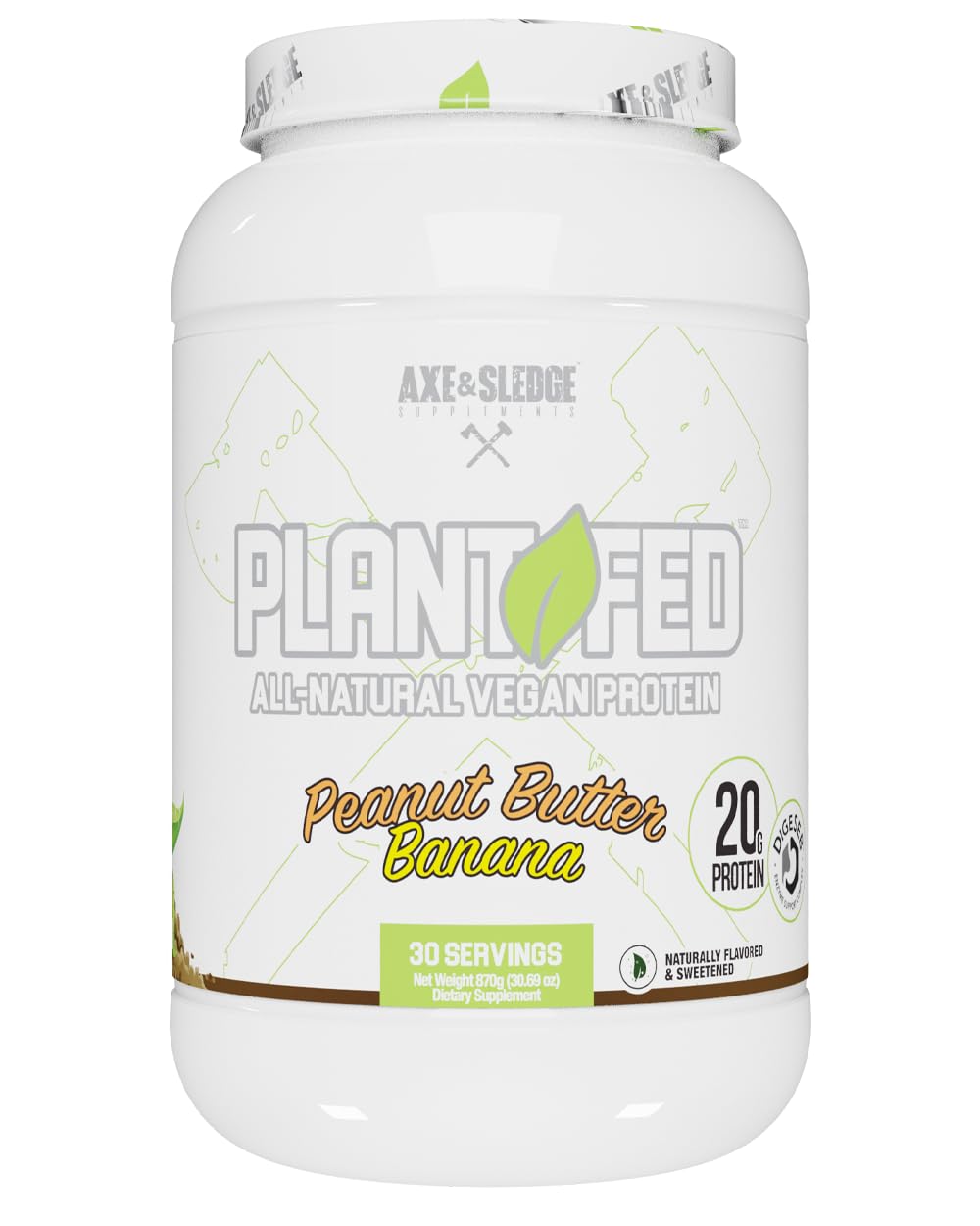 Axe & Sledge Plant Fed Vegan Protein Powder, Naturally Flavored and Sweetened, 20 Grams Protein, 30 Servings (30 Servings, Peanut Butter Banana)