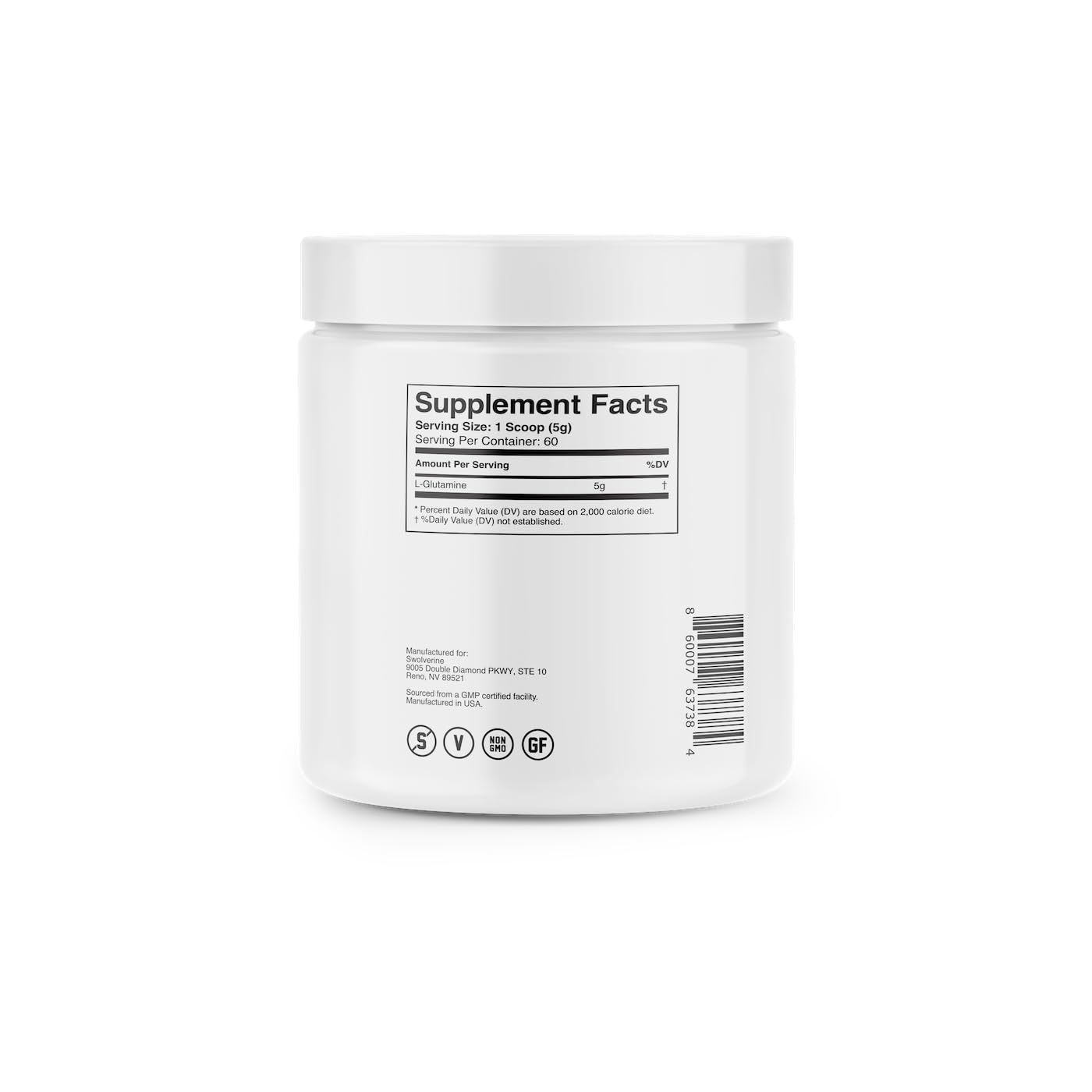 Swolverine L-Glutamine | Reduces Exercise Induced Muscle Soreness, Improves Recovery, Enhances Gut Health, Supports Immune Health, Vegan, Non-GMO, GF, 5g Per Serving, (Unflavored, 60 Servings)