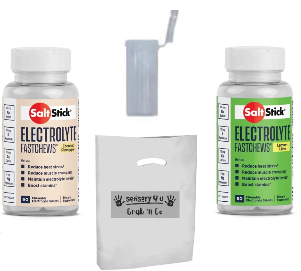 SENSORY4U Saltstick FASTCHEWS Coconut Pineapple & Lemon Lime Variety 2-Pack - 60 Count Bottles with Race Ready Tube - Grab & Go Gift Set