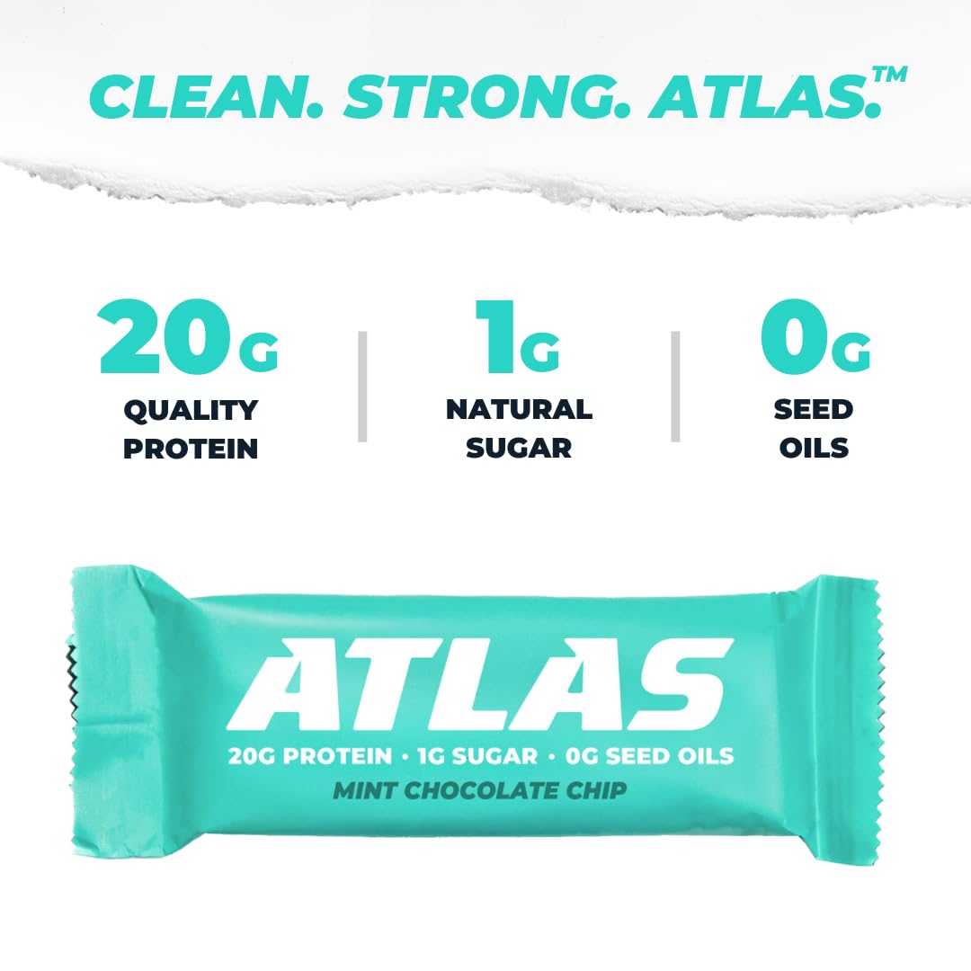 Atlas Protein Bar, 20g Protein, 1g Sugar, Clean Ingredients, Gluten Free (Mint Chocolate Chip, 12 Count (Pack of 1))