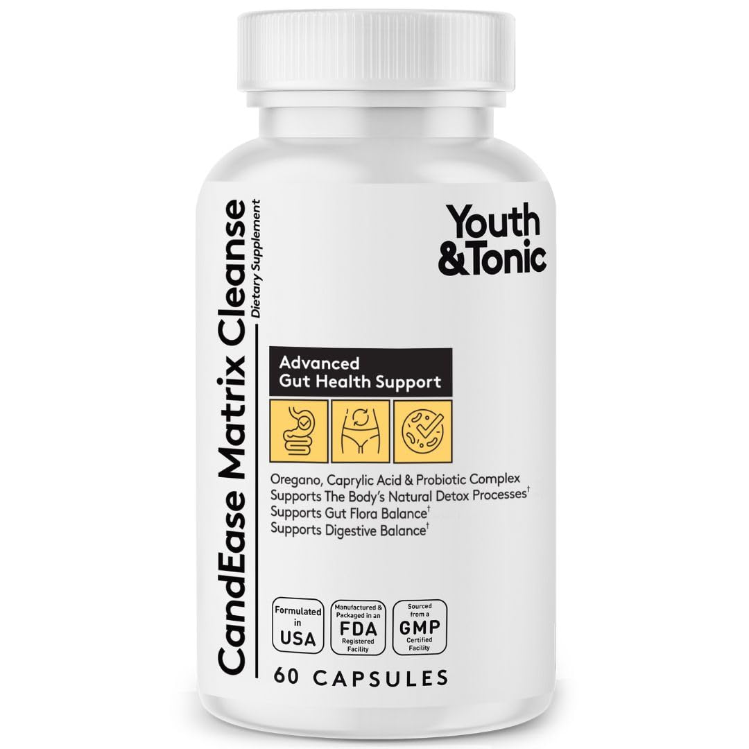 Youth & Tonic CandEase Cleanse Matrix - Overgrowth Support & Gut Health, Intestinal Flora Balance & Body Detox Complex with Oregano, Caprylic Acid, Digestive Enzymes, Probiotics, 60 Pills, Women & Men