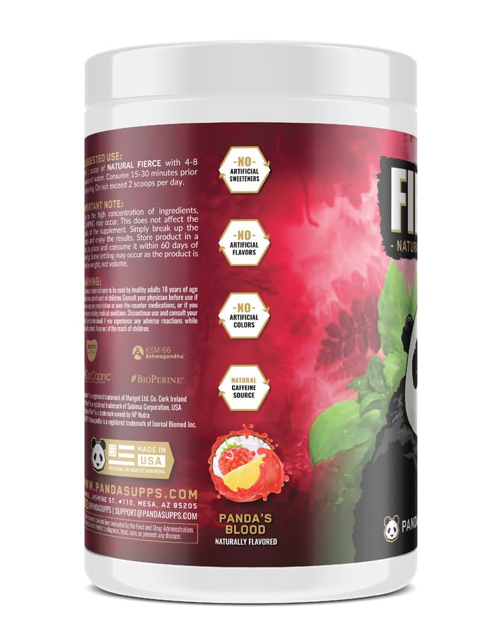 Underground Bio Labs Panda Supps Fierce: Natural Pre-Workout with Zero Artificial Ingredients and 300mg Naturally Sourced Caffeine for Clean Energy and Focus (30 Servings)(Panda's Blood)