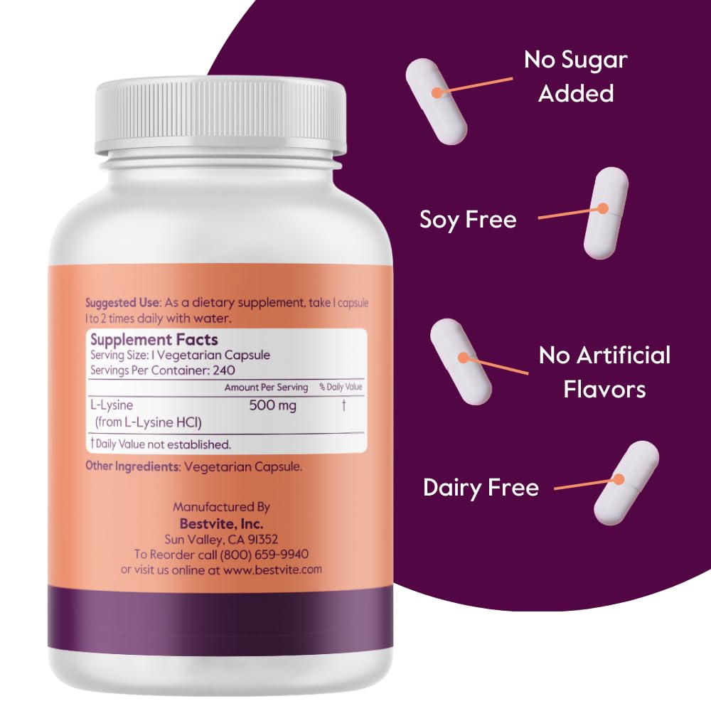 BESTVITE L-Lysine 500mg per Capsule (240 Vegetarian Capsules) - No Stearates - No Fillers - No Flow Agents - Vegan - Non GMO - Gluten Free - No Stearic Acid - No Dicalcium Phosphate