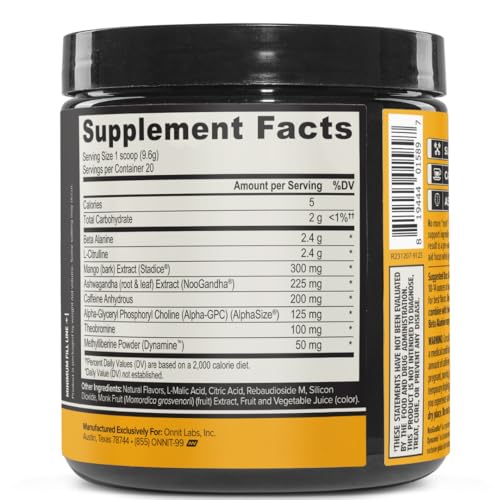 ONNIT Alpha Brain Pre-Workout Powder, Tiger's Blood Flavor, Pre-Workout Supplement for Women and Men, Dietary Supplement, 20 Servings per Tub 6.76 oz