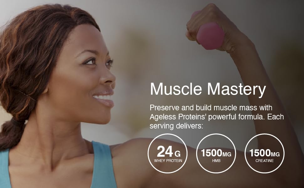 Ageless Proteins Vanilla Whey Protein Powder and Collagen Peptides for Mature Adults. Supports Muscle Building and Joint Health with 24g Protein, creatine, HMB, and Vitamins (30 Servings, Vanilla)