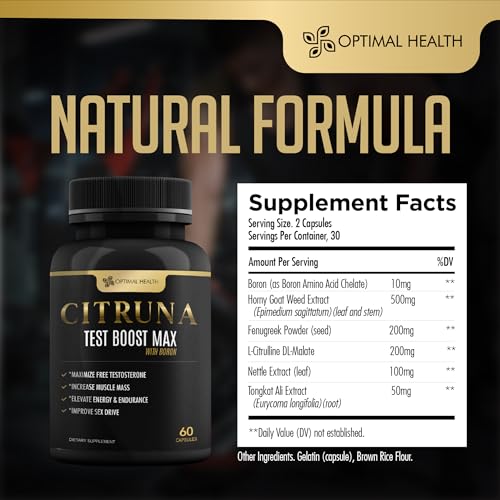 Citruna Test Boost Max with Boron by Optimal Health - Natural Testosterone Supplement - Boost Stamina, Endurance, Strength & Vitality - 60 Capsules