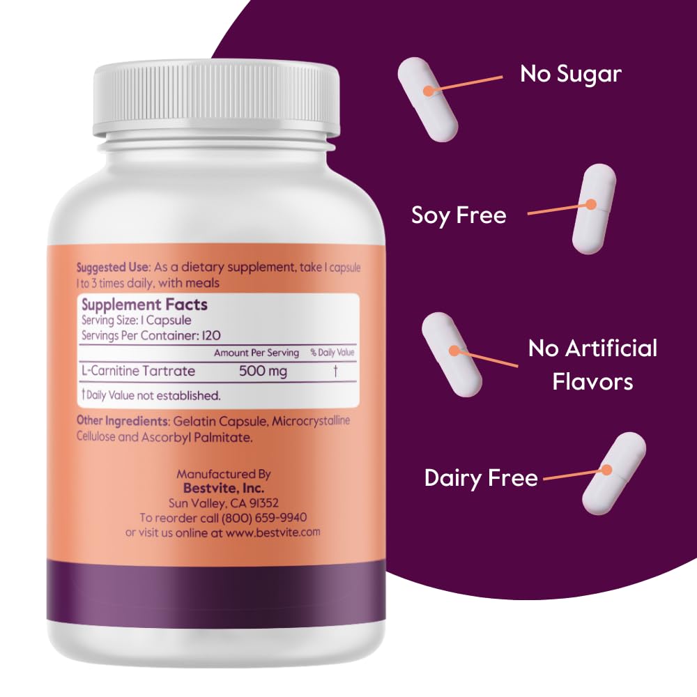 BESTVITE L-Carnitine Tartrate 500mg per Capsule (240 Capsules)(120x2) - No Stearates - Non GMO - Gluten Free