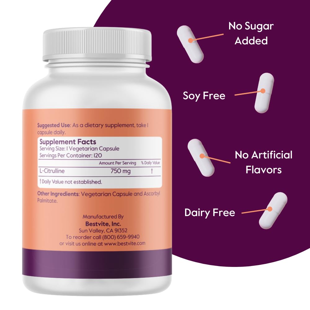 BESTVITE L-Citrulline 750mg per Capsule (120 Vegetarian Capsules) - No Stearates - No Silica - No Fillers - Non GMO - Gluten Free - Vegan