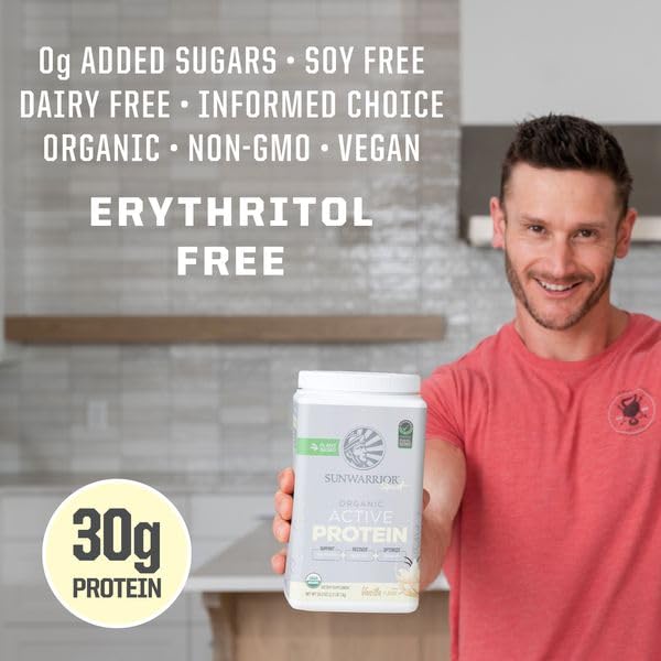 Sunwarrior Vegan Protein Powder Plant-Based USDA Organic BCAAs | Sugar, Gluten, Dairy Free Non-GMO | Vanilla Flavored 20 Servings | Sport Active