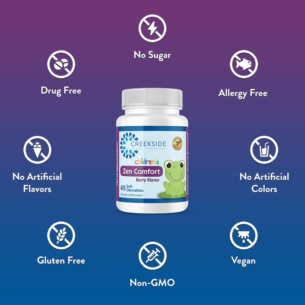 Zen Comfort for Kids, Organic Relaxation Support with 5-HTP, L-Theanine, Passionflower, Zinc, Pediatrician Formulated, Zero Sugar, Vegan, Berry Flavor, 45 Soft Chewables