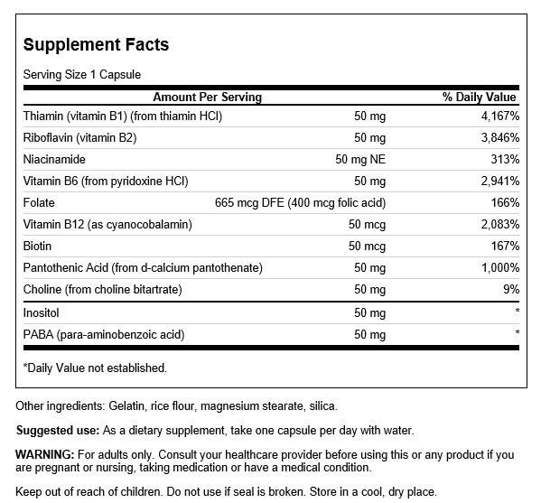 Swanson B-50 B-Complex Vitamins Energy Cardio Stress Metabolism Support 100 Capsules (Caps)