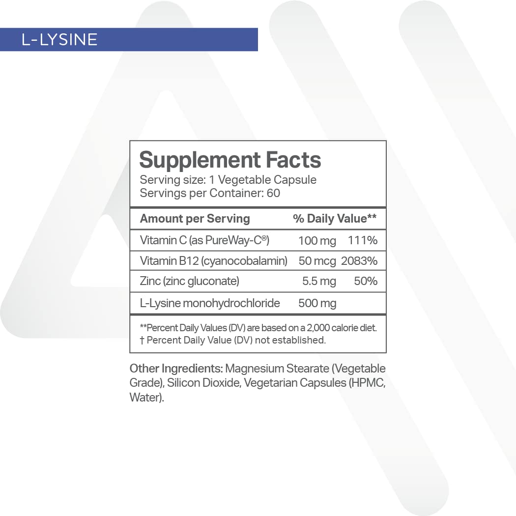 Anew Vita L-Lysine Supplement with Vitamin B12 + C + Zinc for Lip, Mouth, and Oral Tissue Health - Enhanced Wellness Support - Non-GMO, Gluten-Free - Made in USA - 60 Vegetable Capsules, 500mg
