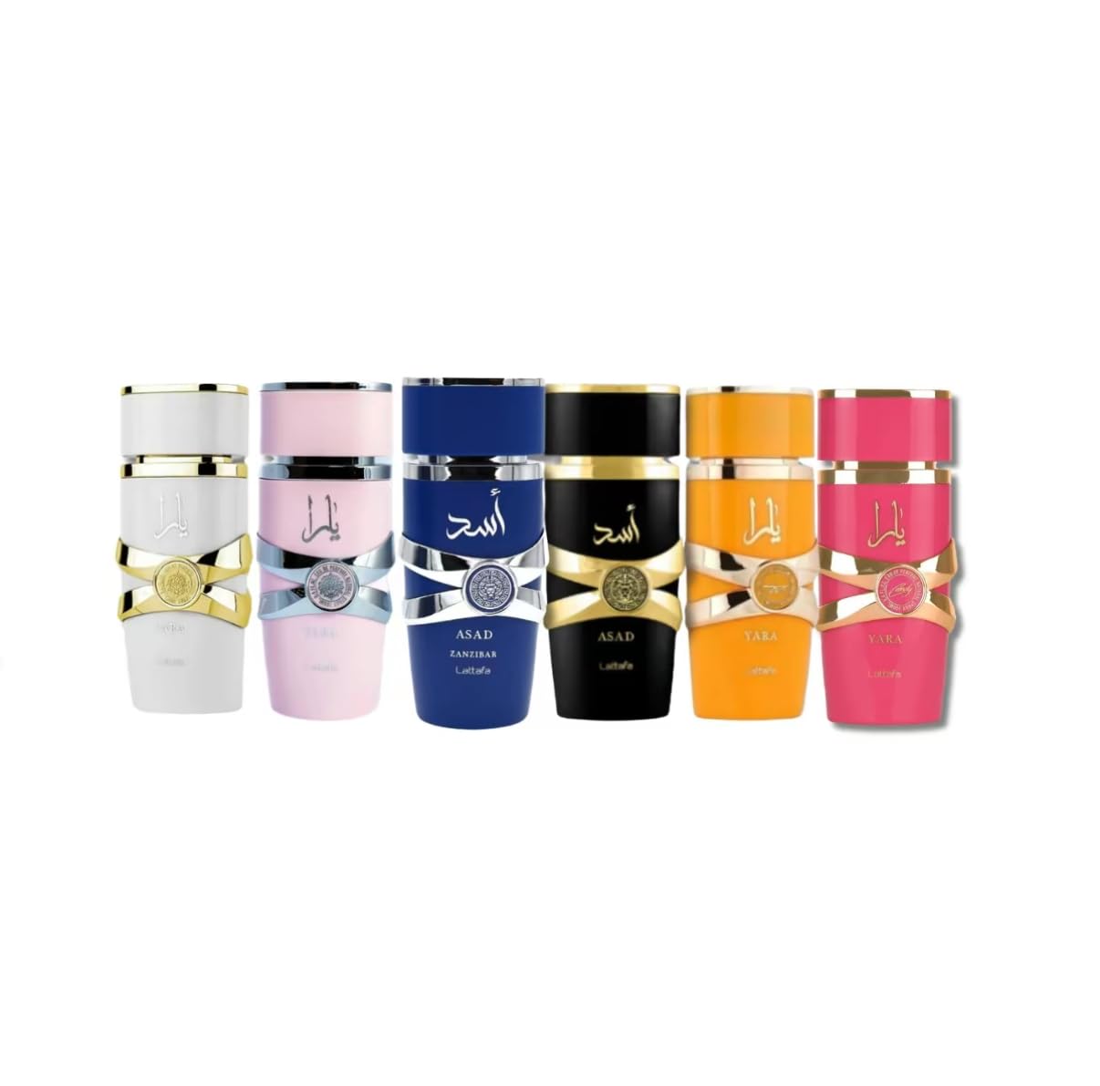 New Yara Collection 6 Piece Set Eau De Parfum Spray for Unisex (3.4 Ounce Pink Yara + 3.4 Ounce Yara Moi + 3.4 Ounce Yara Tous + 3.4 Ounce Yara Candy+ 3.4 ounce Asad + Asad Zanzibar