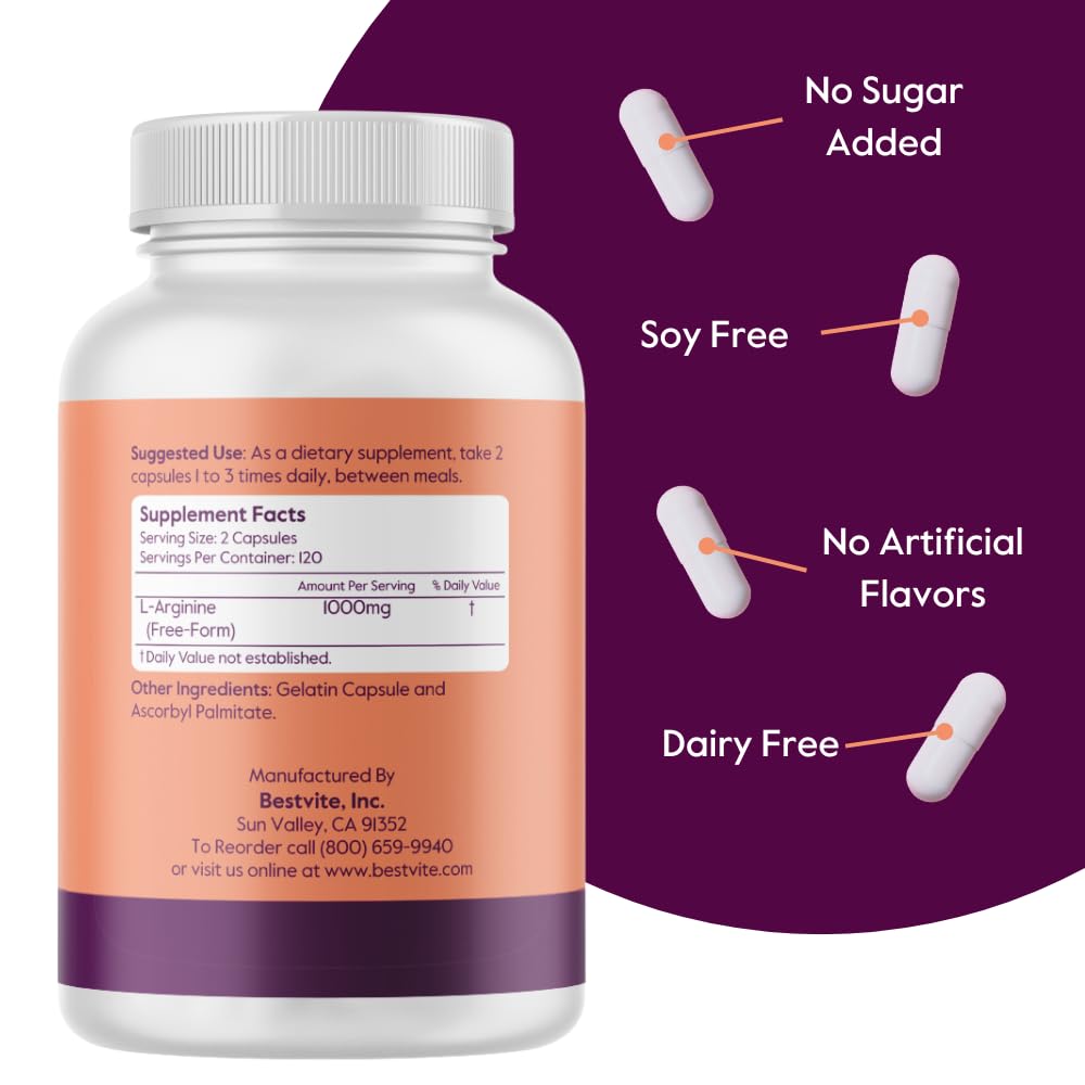 BESTVITE L-Arginine 500mg (240 Capsules) - No Magnesium Stearate - No Silicon Dioxide - No Fillers - Non GMO - Gluten Free