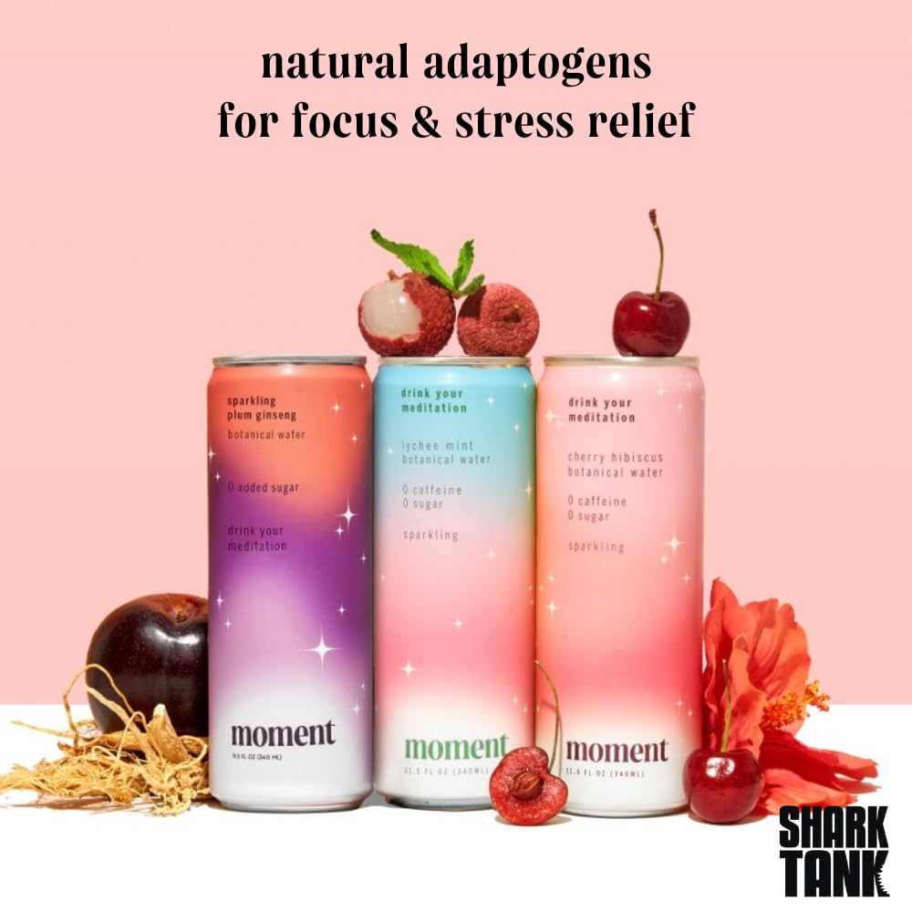 Moment Adaptogen Drink Shark Tank Sparkling Combo Variety new Contains LTheanine Ashwagandha Ginseng for Focus Stress Relief 0 Added Sugar 1520 Calories Alcohol Caffeine Free No