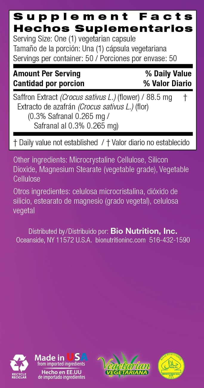 Bio Nutrition Standardized Saffron Vegi-Caps, 50 Count