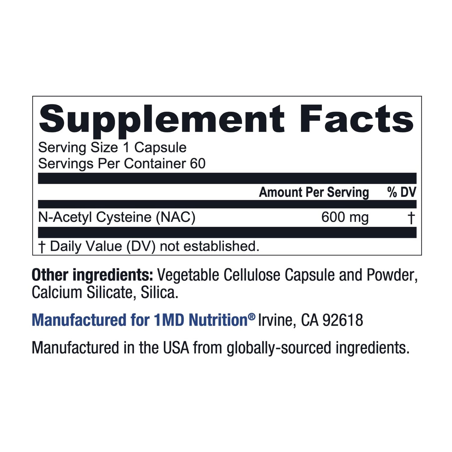 1MD Nutrition NAC Supplement N-Acetyl Cysteine - NAC 600 mg - Antioxidant Supplement Supports Detox and Glutathione Production - N Acetylcysteine Respiratory Supplement for Lung Health - 60 Capsules
