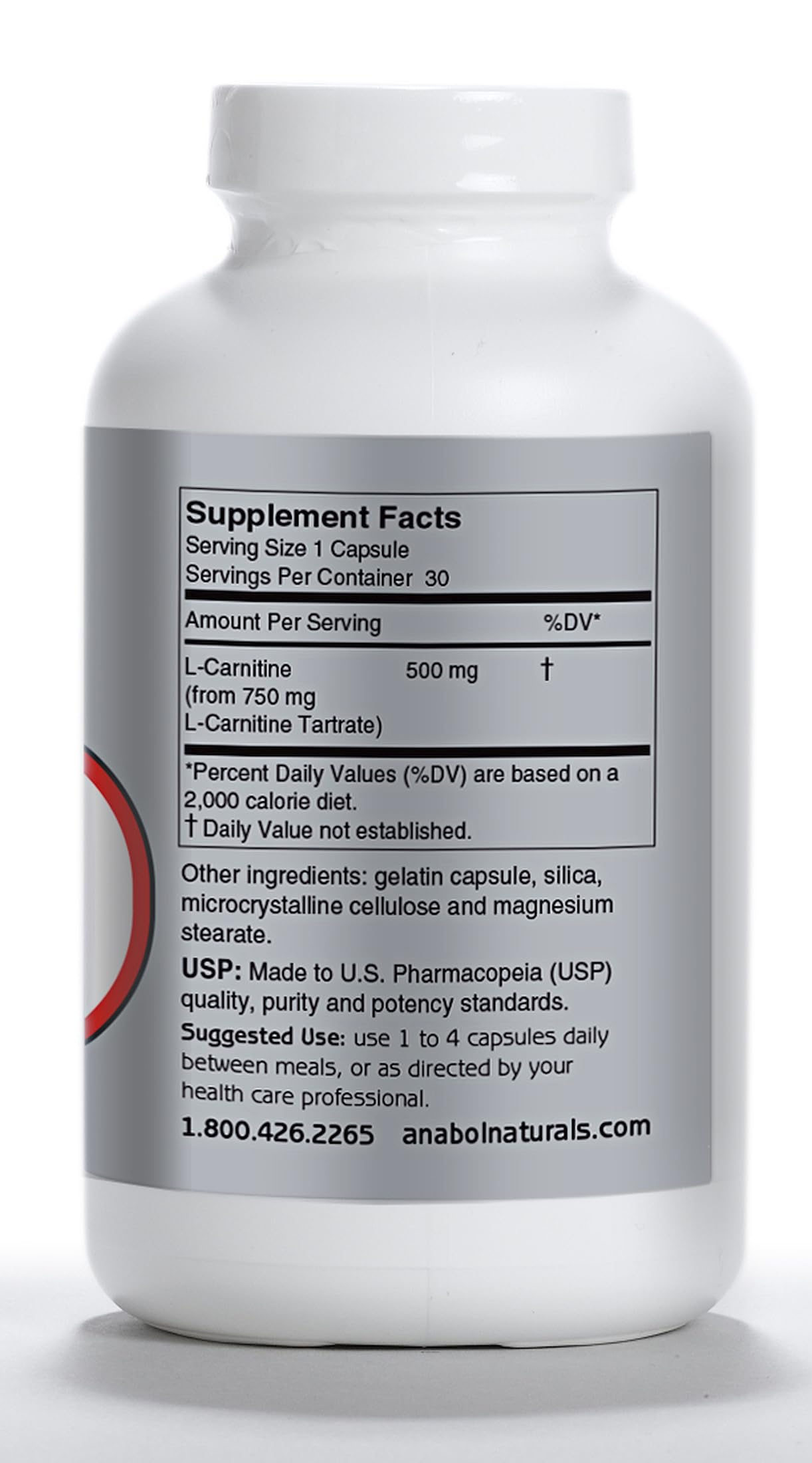 Anabol Naturals L-Carnitine 120 Capsules- 500mg Pure L-Carnitine Per Capsule, 120 Servings
