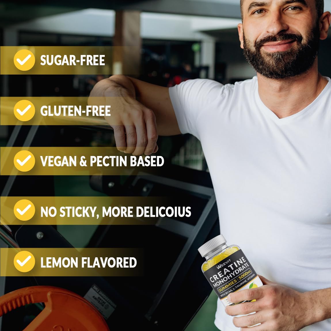 WEEVIT Creatine Monohydrate Gummies for Men, Chewables Creatine Monohydrate for Muscle Strength Energy Boost, Pre-Workout Supplement with BCAA, L-Taurine, B12
