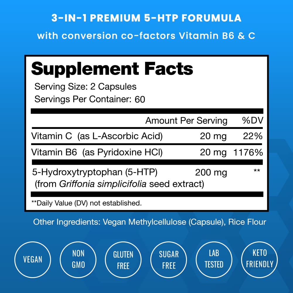 NutraChamps 5-HTP 200mg, 120 Vegan Capsules, Pure 5HTP 100mg Plus Co-Factors Vitamin B6 & Vitamin C