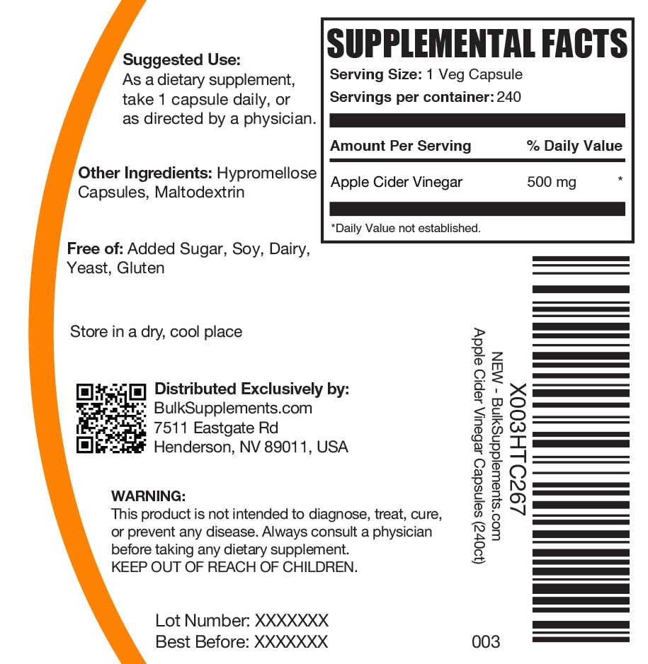 BulkSupplements.com Apple Cider Vinegar Capsules - ACV Capsules, Apple Cider Vinegar Supplements, Apple Cider Vinegar 500mg - Gluten Free, Capsule per Serving, 240 Capsules (Pack of 1)