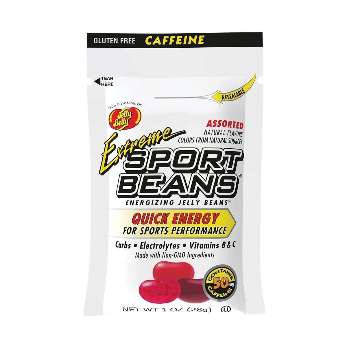 SPORT BEANS Extreme Energizing Jelly Beans for Exercise with Caffeine Electrolytes and Vitamins by Jelly Belly Assorted Flavors Pack of 6 x 1 Ounce Resealable Bags