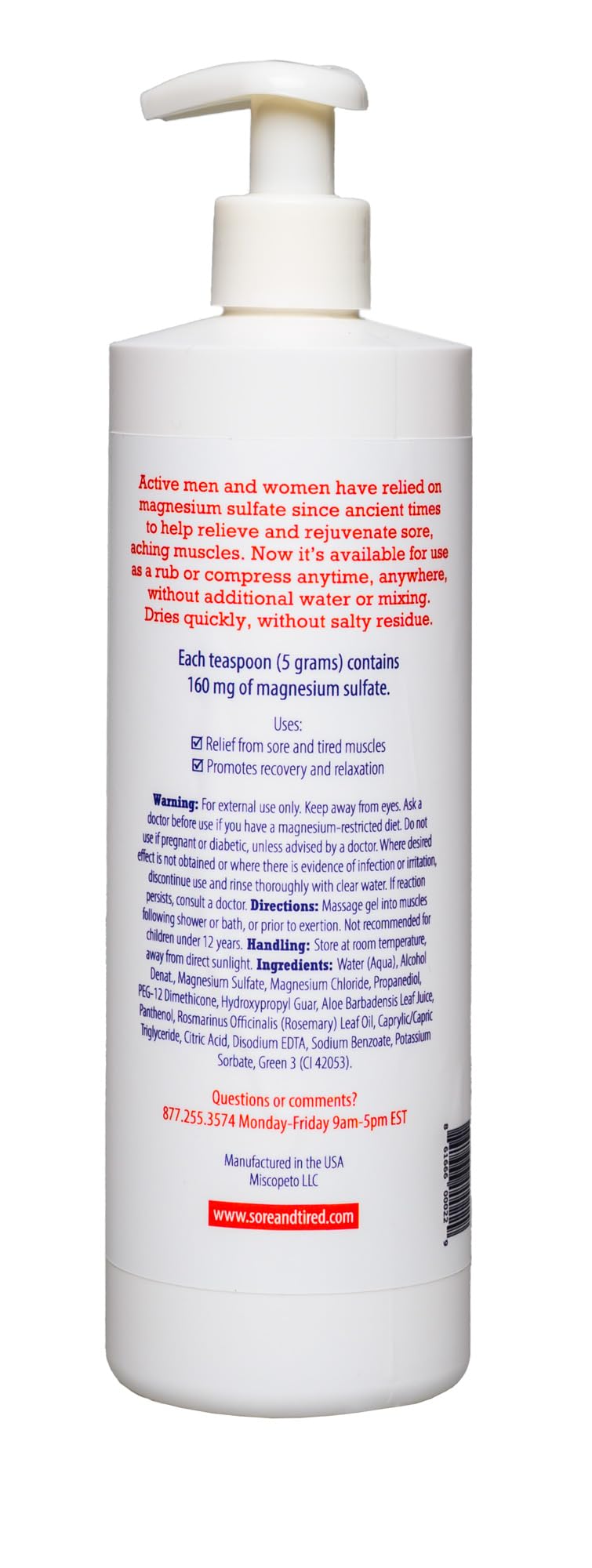 Sore+Tired ® Blue Magnesium sulfate Formula (16oz. Professional Pump)