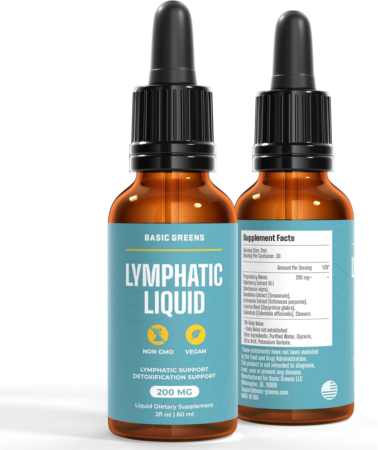 BASIC GREENS Lymphatic Support Liquid - Natural Immune Booster for Lymphatic Drainage, Fluid Balance, and Daily Cleanse, Easy - Absorb Liquid Formula for Wellness Support, 2 Fl Oz