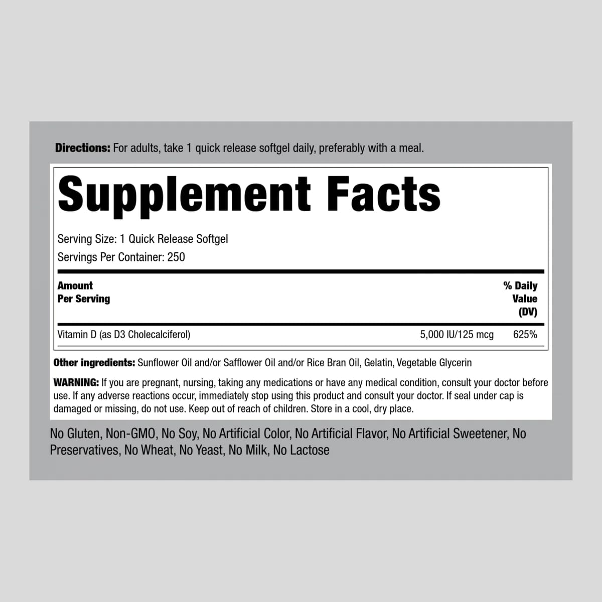 Piping Rock Vitamin D3 5000 IU | 250 Softgels | High Potency Supplement | Non-GMO, Gluten Free
