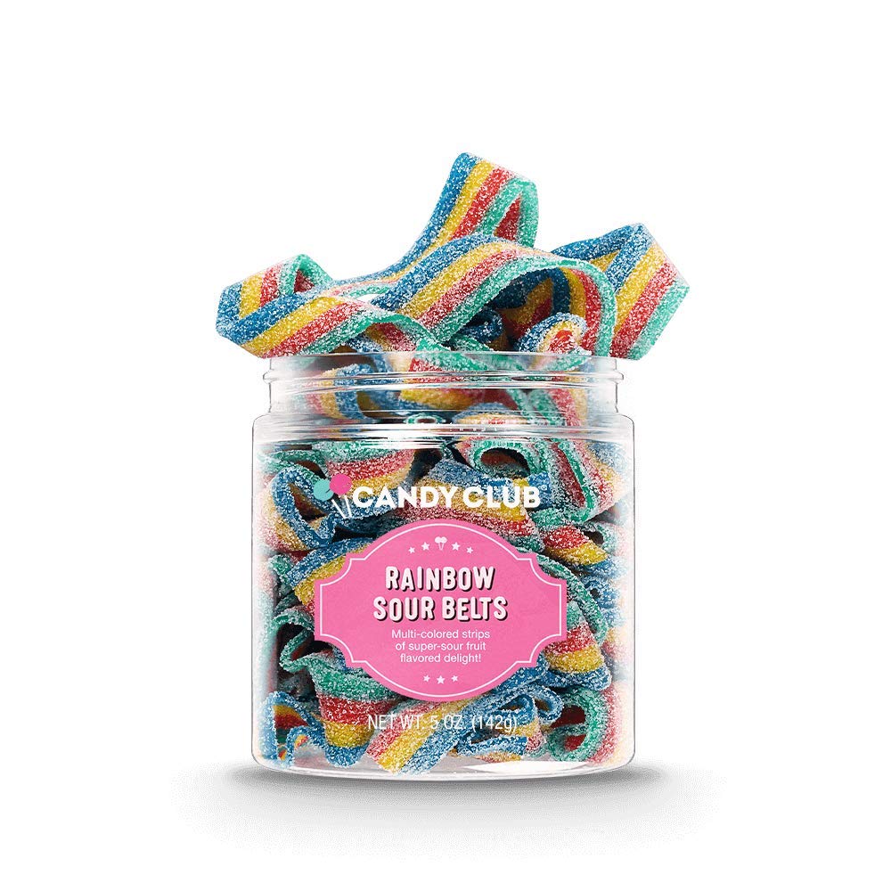 Candy Club Gourmet Gummy Rainbow Sour Belts Vegan Sweet and Chewy Fruit Strips for Gifts Parties Snacks Candy Buffets etc 5oz Jar