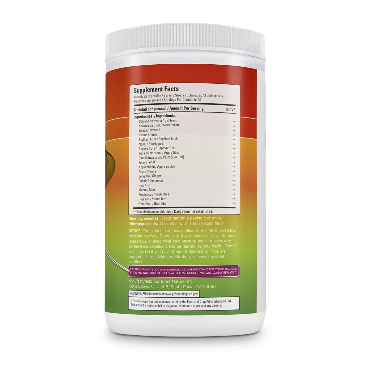 Betel Natural Daily Fibra Forte Formula/Strong Formula - Extreme Colon Cleanse Cucumber with Lemon (Pepino con Limon)