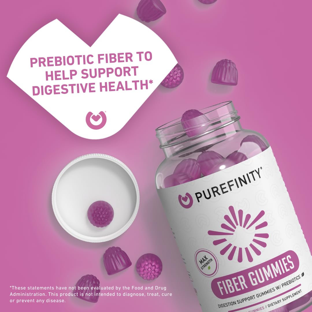 PUREFINITY Fiber Gummies for Adults with Inulin FOS from Chicory Root, Sugar Free Prebiotic Supplement for Daily Digestion & Constipation Support - Non-GMO, Vegan, 60 Count